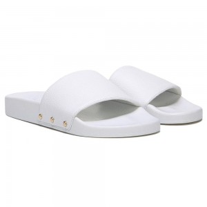 White Leather Women's Dr. Scholl's Pisces Pool Slide Flat Sandals | 30879-OFUP