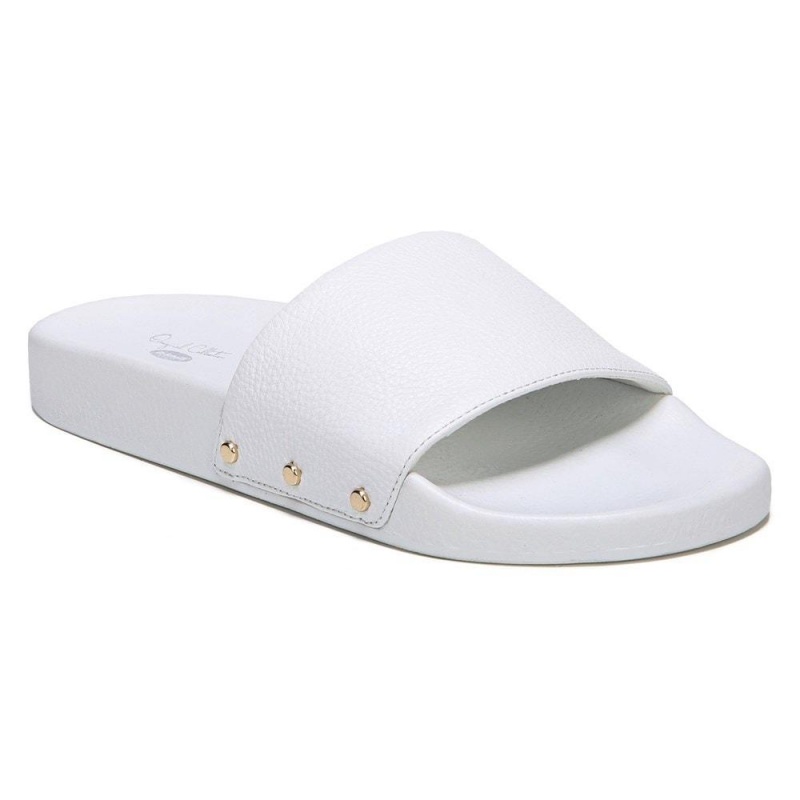 White Leather Women's Dr. Scholl's Pisces Pool Slide Flat Sandals | 30879-OFUP