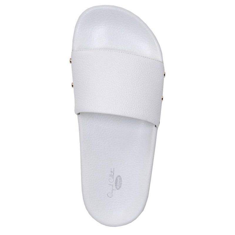 White Leather Women's Dr. Scholl's Pisces Pool Slide Flat Sandals | 30879-OFUP